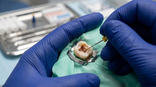 Dentist performing root canal treatment on a molar tooth using an endodontic file and rubber dam isolation