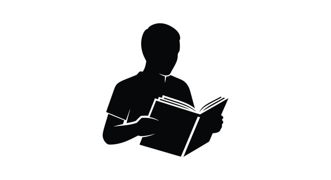 A person reading an open book is depicted as a black silhouette