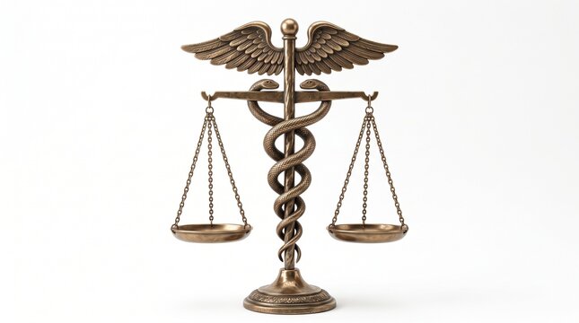 Detailed bronze caduceus medical symbol combined with golden scales of justice placed on white background