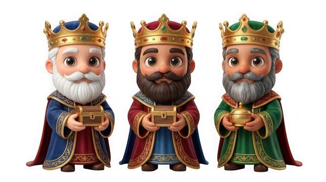 Three wise men characters holding treasure chests isolated on transparent background