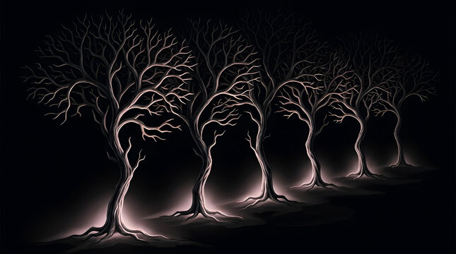 Three ghostly figures illuminated in a dark forest setting