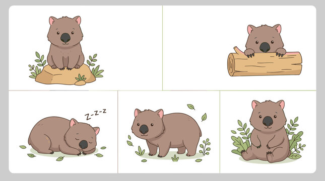 Cute Wombat Character Clipart Set with Australian Native Wildlife Animals Sleeping, Sitting, and Peeking Behind Wood Log for Children Graphic Design