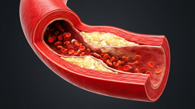 Clogged artery illustration showing plaque buildup and restricted blood flow