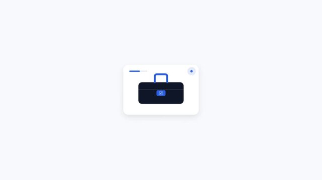 A dark blue briefcase icon with a handle, representing business, travel, or important documents, presented on a minimalist white background with soft shadows
