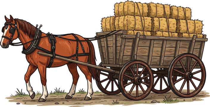 Vintage vector illustration of a brown working horse pulling a rustic wooden cart loaded with hay bales on a clean white background.