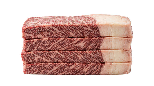 Wagyu beef steak stack, marbled raw meat cuts, premium Japanese beef, gourmet restaurant food photography isolated on Transparent Background