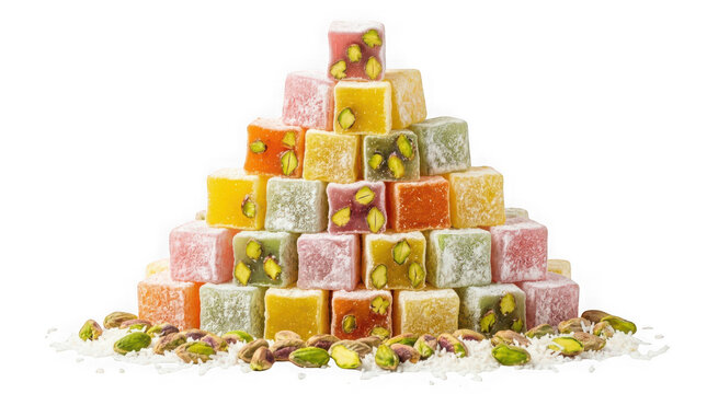 Pyramid of colorful turkish delight with pistachios isolated on transparent background