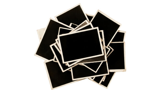 Vintage photo pile, scattered black and white picture frames. Retro photography memories collection, heap of old pictures isolated on Transparent Background