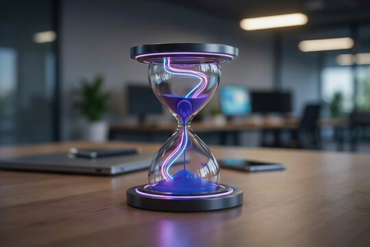 Futuristic hourglass with glowing purple sand and neon light trails on office desk