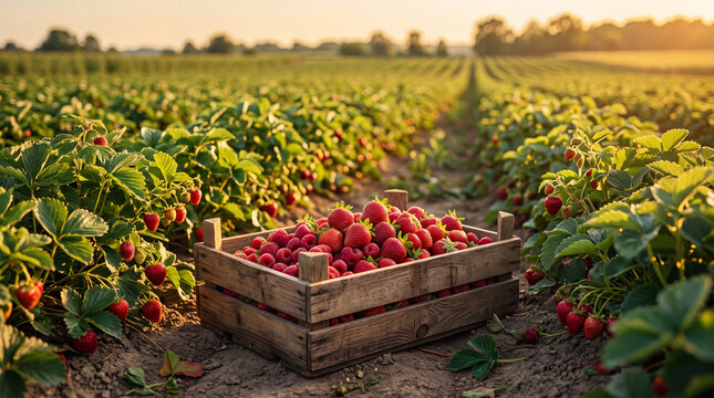 Fresh Strawberries and Raspberries in Field Crate