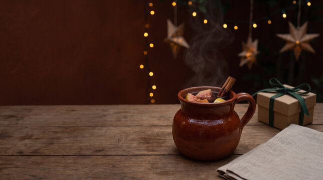 Mexican Christmas punch in a clay mug with copy space