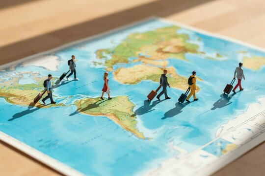 Miniature travelers walking with suitcases on a world map