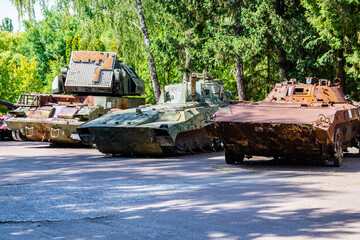 Obraz premium Destroyed russian military equipment in a city park. Cherkasy, Ukraine