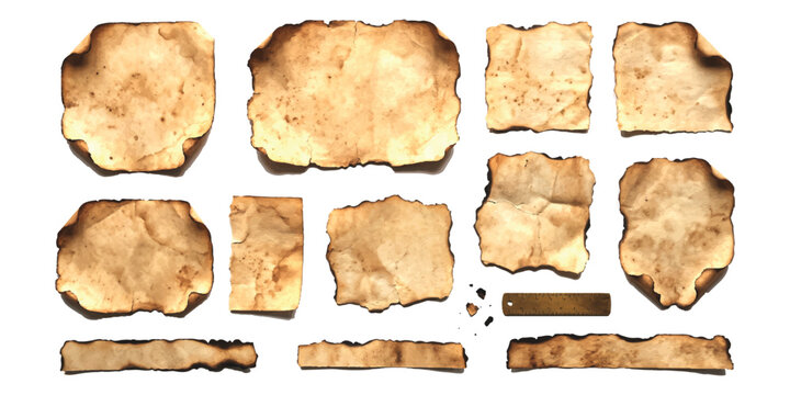 Set of old vintage burnt paper edges and torn parchment scraps for scrapbooking and design