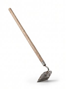 A single garden hoe with a wooden handle and metal blade isolated on a white background