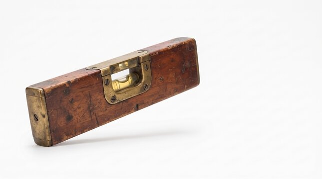 Antique wooden spirit level with brass fittings and bubble vial on a white background