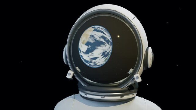 Astronaut helmet reflection of planet Earth in space. Lopped animation