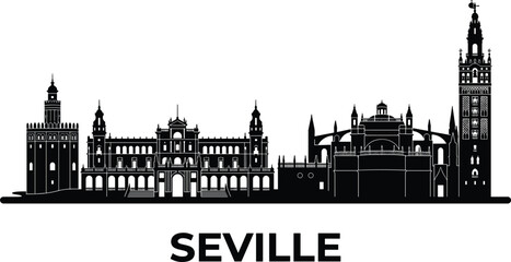 Fototapeta premium Seville city skyline silhouette panorama featuring historic landmark buildings architecture of Spain isolated on white background