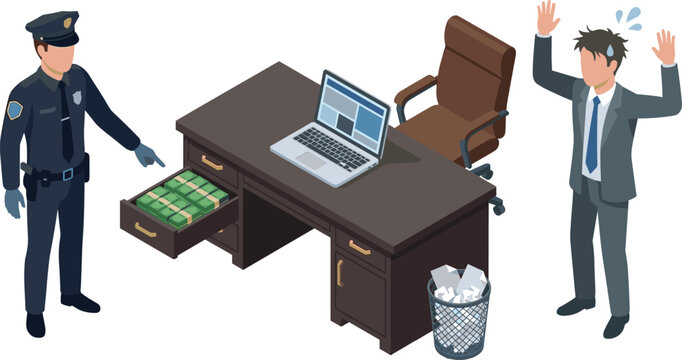 Isometric Corporate Crime Scene Vector with Police Officer Catching Suspect Corrupt Businessman with Drawer Full of Bribery Money