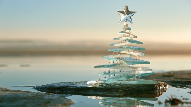 Modern sea glass spiral Christmas tree with silver star on wet ocean beach.