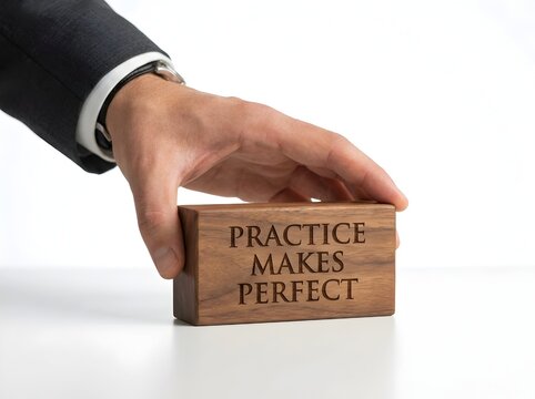 Practice Makes Perfect Motivational Concept with Wooden Blocks and Hand Arranging Words for Learning and Success