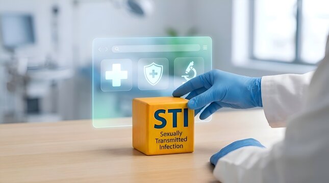 STI Awareness, Sexual Health and Medical Prevention Concept with Healthcare Symbols and Information Card