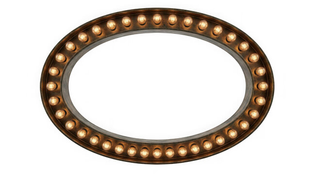 Vintage oval marquee sign frame with glowing warm edison light bulbs isolated on transparent background