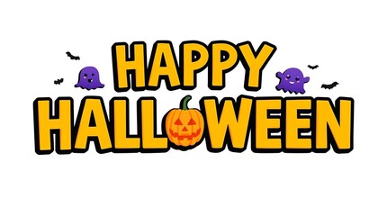 Obraz premium Happy Halloween typography banner with cute cartoon ghosts and pumpkin on white background