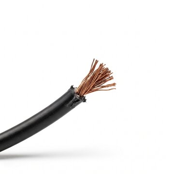 Close up of a black insulated electrical wire with exposed copper strands against a white background