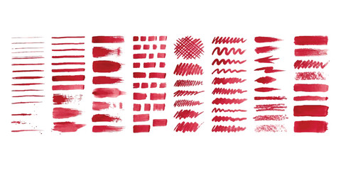 Obraz premium Collection of red ink brush strokes and artistic hand drawn lines for graphic design projects