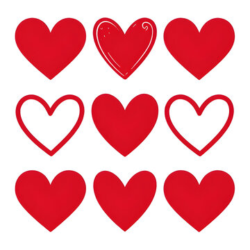 Heart grid, red outline, shaded heart, scribbled texture, hand drawn line, curved shape, red accents, central arrangement, graphic collection, heart symbols, romantic elements, white background
