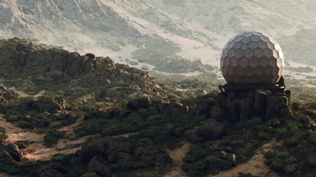 A striking geodesic dome sits atop rocky terrain, surrounded by lush greenery under a golden sun. The hills roll into the distance, enhancing the sense of adventure and intrigue.
