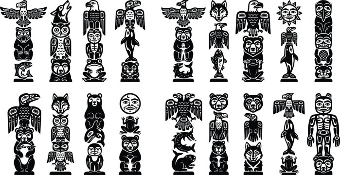Indigenous Totem Pole Silhouette Vector Set with Native American Animal Symbols for Cultural and Tribal Graphic Designs