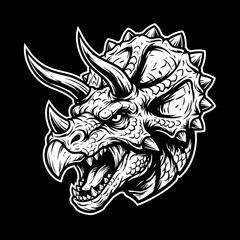 Triceratops head fierce icon element. Minimalist flat triceratops skull, horns, prehistoric dinosaur, fierce expression. Paleontology, prehistoric creature, scientific illustration. © jawin