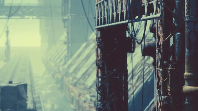 Amidst towering structures in an abandoned factory, mist envelops rusting machinery. Soft dawn light contrasts with shadows, creating a mysterious atmosphere.