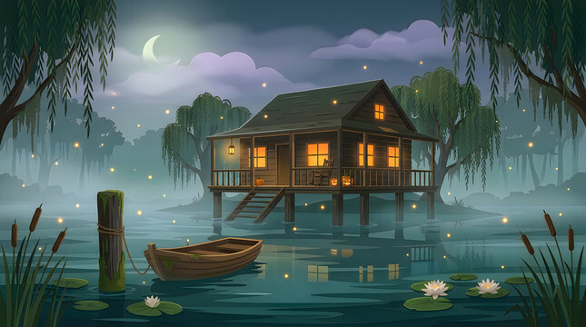 Mystical swamp cabin at night with glowing fireflies, rustic wooden shack on stilts in foggy bayou, moonlit river landscape with boat Halloween