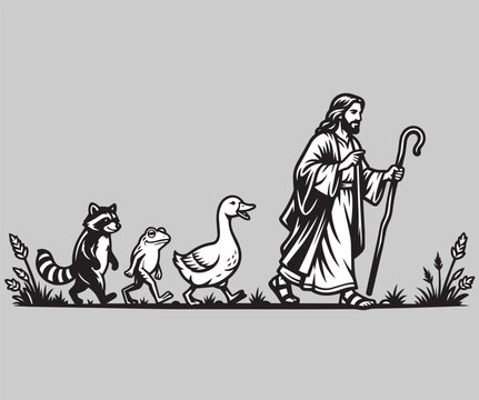Biblical illustration of Jesus leading a procession of animals raccoon cat and duck black and white vector art for religious stories nature themes and unique spiritual illustration