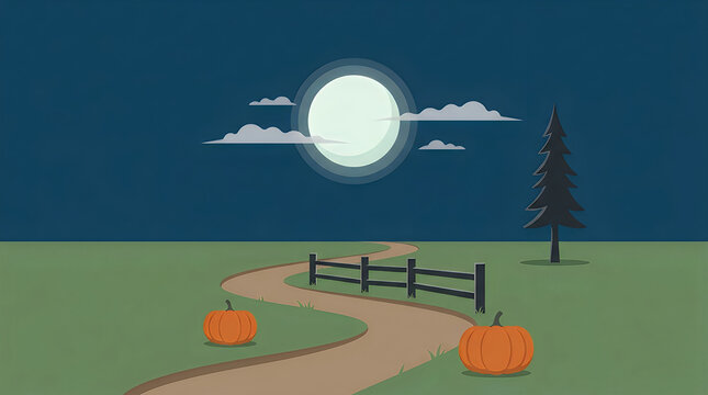 Minimalist Halloween night landscape, full moon over pumpkin patch field, spooky autumn countryside path with fence and pine tree Halloween