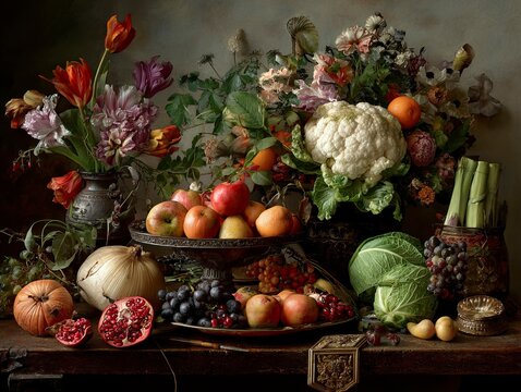 Still Life with Fruits Vegetables and Flowers on Table.