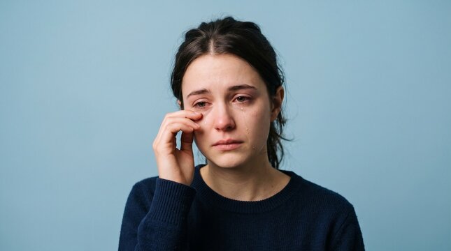 Young woman wiping away a tear, expressing deep sadness or emotional distress.