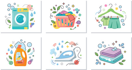 Naklejka premium Laundry service icons set with washing machine, detergent, and clothes. Colorful 3D style illustrations with bubbles and botanical elements for cleaning business branding, web design and social media