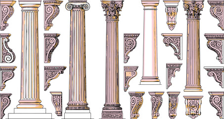 Classical architectural column elements with ornate corbels in a museum display with soft lighting © RAGE BIOS 