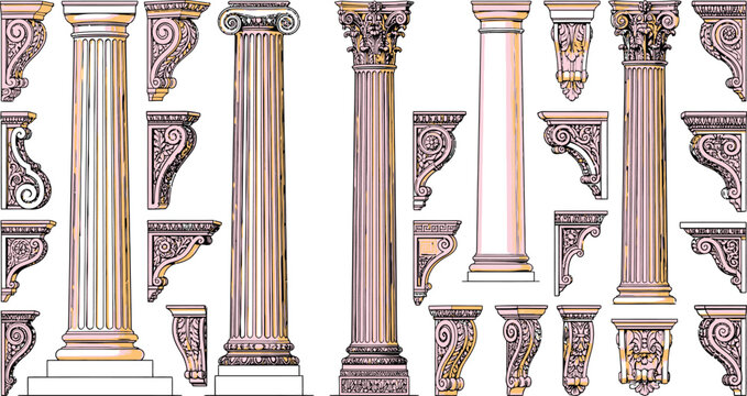 Classical architectural column elements with ornate corbels in a museum display with soft lighting
