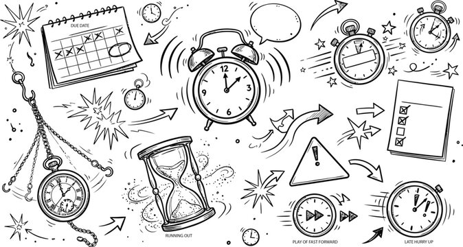 Collection of clocks and timekeeping elements drawn in a sketchy doodle style with a white background