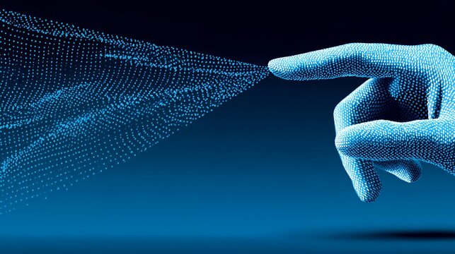 Abstract digital hand made of glowing blue particles pointing, representing cyber monday online connectivity, ai and futuristic technology