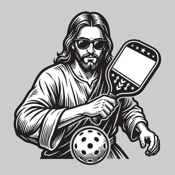 Jesus Playing Pickleball Funny Sports Character Illustration Bearded Man In Robe Holding Paddle And Ball Graphic Religious Humor Theme Hand Drawn Vector Art For Athletic Apparel Us