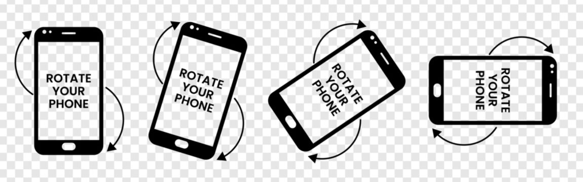 Mobile phone rotation guide icons in black. simple indicators for landscape or portrait orientation. user interface instructions for screen display. minimalist set of device rotation signs