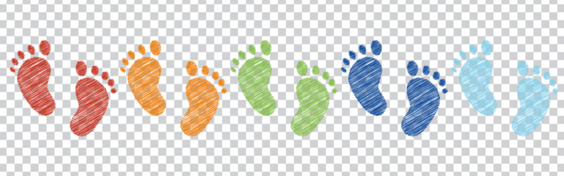 Colorful footprints arranged in a horizontal row. baby walking marks signify steps and growth. educational graphic for children. decorative icons for creative projects with footprints