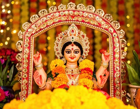 Goddess Lakshmi statue adorned with flowers during a festive religious ceremony with warm bokeh lights