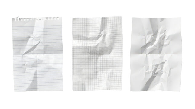 Crumpled paper sheets, wrinkled white stationery notes, lined and grid notebook pages texture for design isolated on Transparent Background